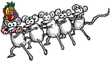 a bunch of mice are running in a line with one wearing a pineapple hat