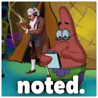 a cartoon of a man reading a book next to a cartoon of patrick star with the word noted below him