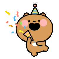 a cartoon bear is wearing a party hat and holding a party horn