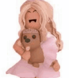 a doll is holding a teddy bear in her arms .