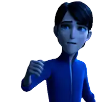 a cartoon character in a blue jacket with his hand out