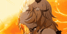 a girl with a flower in her hair is looking up at the sun .