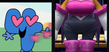 a blue cartoon character with hearts in his eyes next to a pink cartoon character with hearts in her eyes .