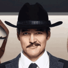 a man with a mustache is wearing a cowboy hat