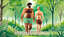 a painting of two men walking in the woods with the state minnesota written on the bottom