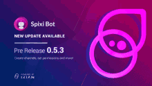 a purple and blue advertisement for spixi bot with a pink robot icon