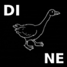 a black and white drawing of a duck on a black background with the letters di and ne .