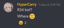 a screenshot of a discord conversation between hypercarry and r34bot