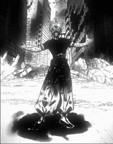 a black and white drawing of a man with his arms outstretched in a destroyed city