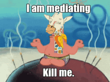 a cartoon of a giraffe with the words " i am mediating kill me " on it