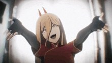 a girl with horns is standing in front of a window with her arms outstretched and her mouth open .