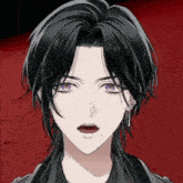 a close up of a person with purple eyes and black hair
