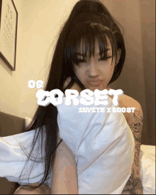 a woman laying on a bed with the words corset written on the top