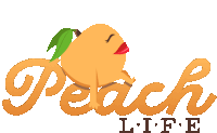 a logo for peach life shows a peach with a green leaf