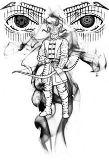 a black and white drawing of a warrior with a bow and arrow