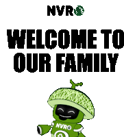 a welcome to our family poster with a green robot