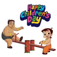 two cartoon characters are playing on a seesaw in front of the words happy children 's day