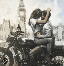 a painting of a man and woman kissing on a motorcycle in front of big ben