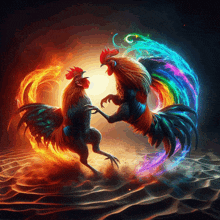 two roosters are standing next to each other with fire and water coming out of their tails