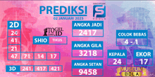 a pink and blue poster for prediksi s singapore pools