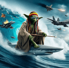 a cartoon of yoda riding a shark in the ocean