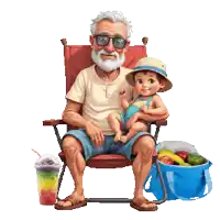an elderly man is sitting in a chair holding a little boy