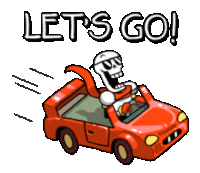 a cartoon of a skeleton driving a red car with the words let 's go written above him