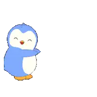 a blue and white penguin is hugging another penguin and smiling .