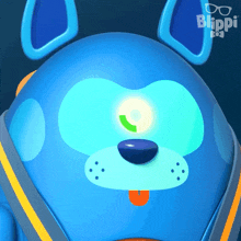 a close up of a blue dog with the word blippi written on the bottom