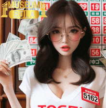 a woman wearing glasses holds a stack of money in front of a sign that says museum bola