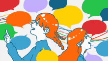 a cartoon illustration of two girls with speech bubbles coming out of their mouths