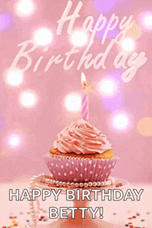 a happy birthday betty card with a pink cupcake and a candle