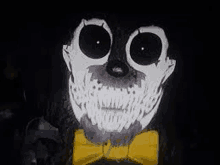 a close up of a cartoon character wearing a yellow bow tie and a skull mask .