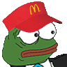 a cartoon frog wearing a red mcdonald 's hat and glasses .