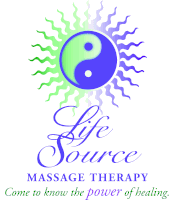 a logo for life source massage therapy with a yin yang symbol