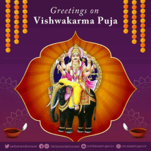 greetings on vishwakarma puja with a picture of a deity riding an elephant