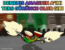 a cartoon of a person falling with the words " denenis anasinin a * ini ters gorunca olur gib " above them