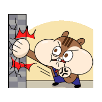 a cartoon chipmunk is hitting a wall with his fist while wearing overalls