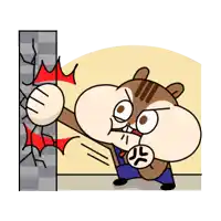 a cartoon chipmunk is hitting a wall with his fist while wearing overalls