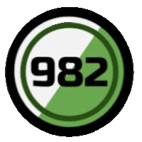 a green and white circle with the number 982 inside of it