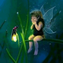 a fairy is sitting on a branch next to a firefly and covering her mouth .