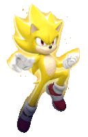 a yellow sonic the hedgehog with red eyes and red boots