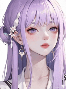 a drawing of a girl with purple hair and a flower in her hair