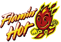 a logo for flamin hot with a cartoon flaming character