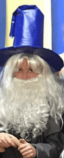 a person wearing a wizard costume with a beard and hat .