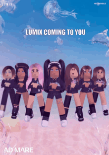 a group of girls standing next to each other with the words lumix coming to you