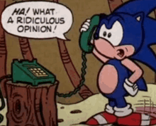 a cartoon of sonic the hedgehog talking on a phone with a speech bubble saying what a ridiculous opinion