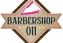 a logo for barbershop 011 has a pink razor on it