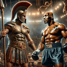 a boxer with the word tyson on his shorts stands next to a spartan