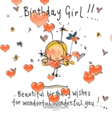 a birthday card for a girl with a fairy and hearts .